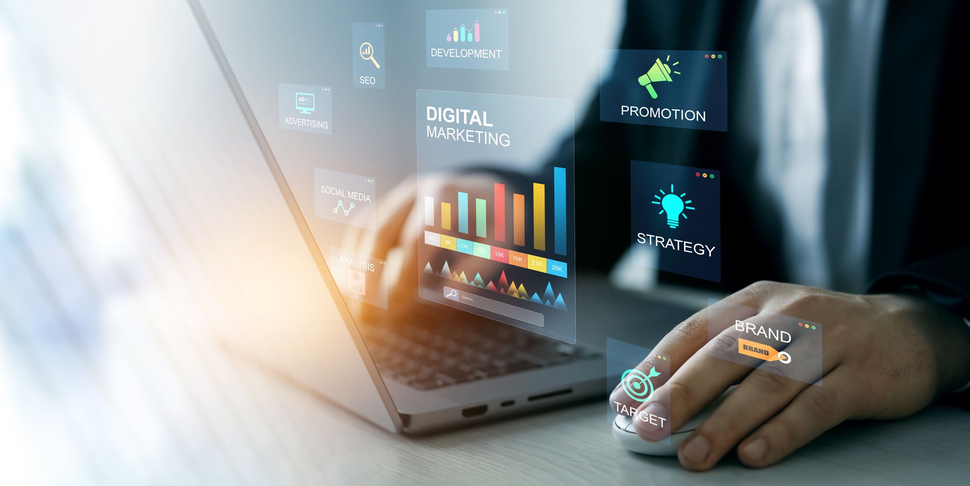 Développement du marketing numérique et stratégie d’objectifs. Attirez du trafic organique pour de grosses ventes.	Marketing numérique pour la promotion de produits avec les médias sociaux, l’e-mail, le site Web et le moteur de recherche de canaux